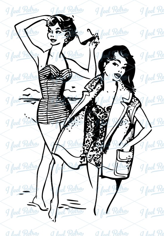 Retro Clipart  Two Beautiful Women At The Beach   Authentic Vintage