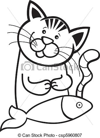 Vector   Happy Cat With Fish For Coloring Book   Stock Illustration