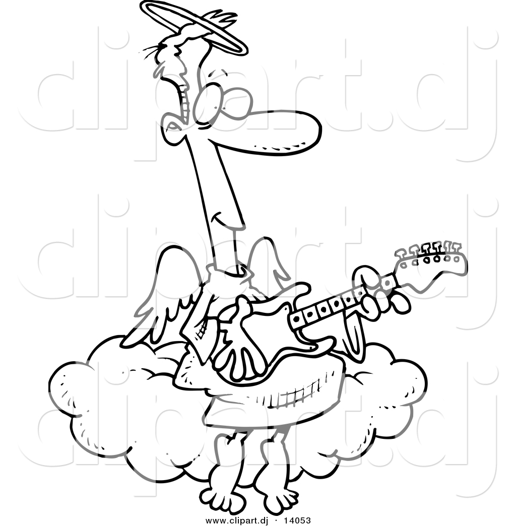 Vector Of Cartoon Angel Man Playing A Guitar   Coloring Page Outline    