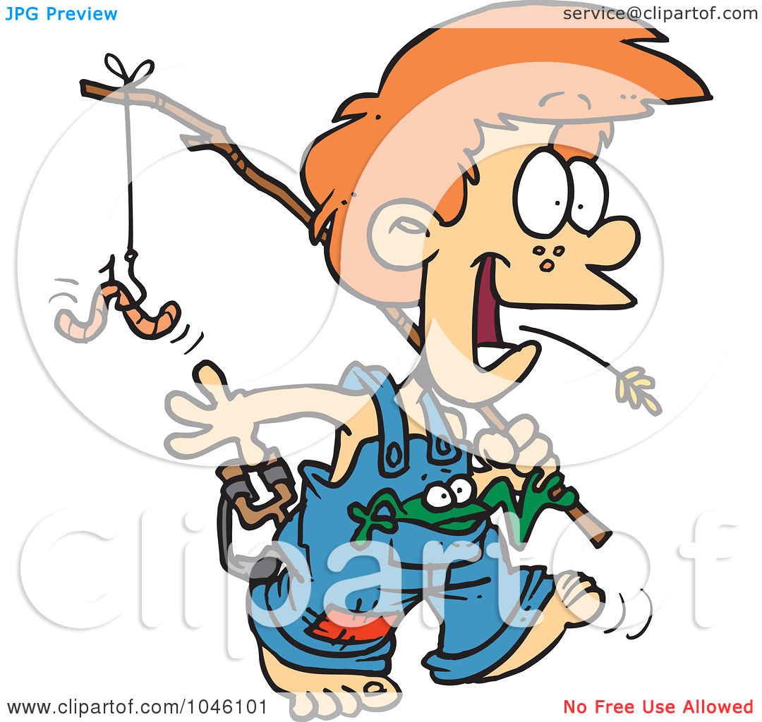 Clip Art Illustration Of A Cartoon Country Boy Carrying A Fishing Pole