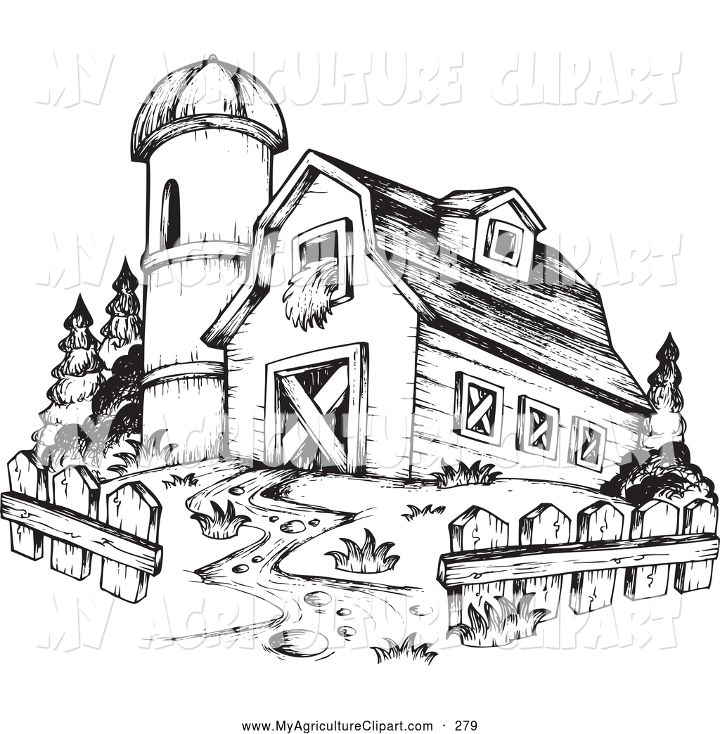 Vector Agriculture Clipart Of A Black And White Barn And Silo By