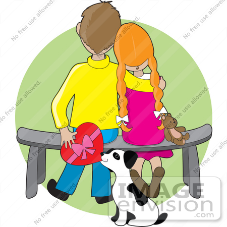 33594 Clip Art Graphic Of A Cute Child Couple Sitting On A Bench With