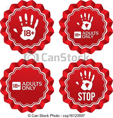 Adults Only Content Labels Stars  Vector Age Limit Red Round Stickers    
