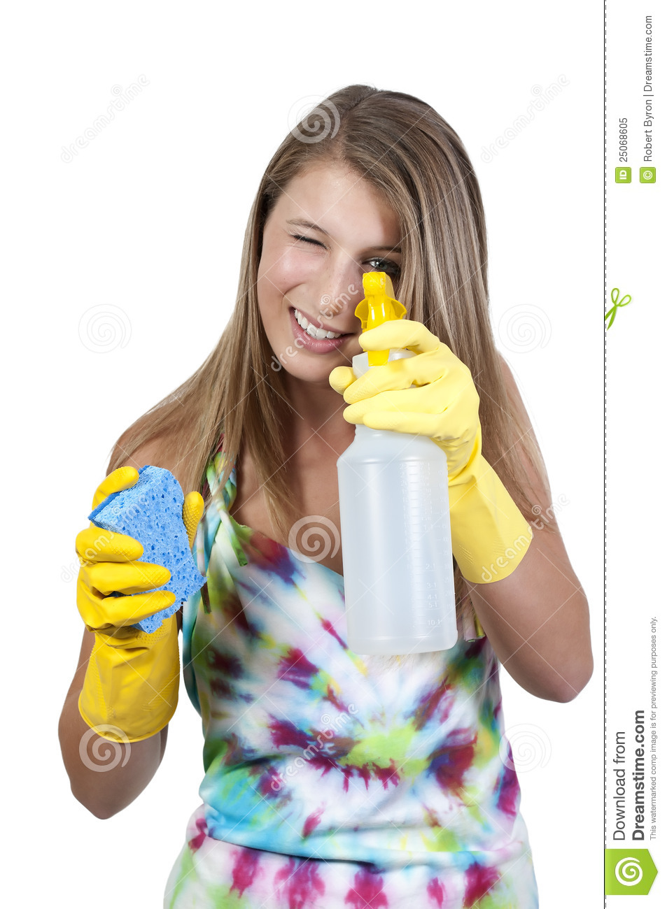 Aglove Wearing Beautiful Woman Or Maid Cleaning House With A Sponge
