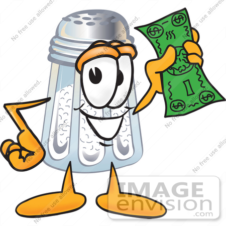 Clip Art Graphic Of A Salt Shaker Cartoon Character Holding A Dollar    