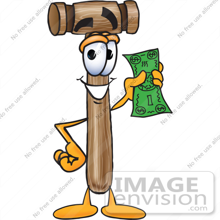 Clip Art Graphic Of A Wooden Mallet Cartoon Character Holding A Dollar    