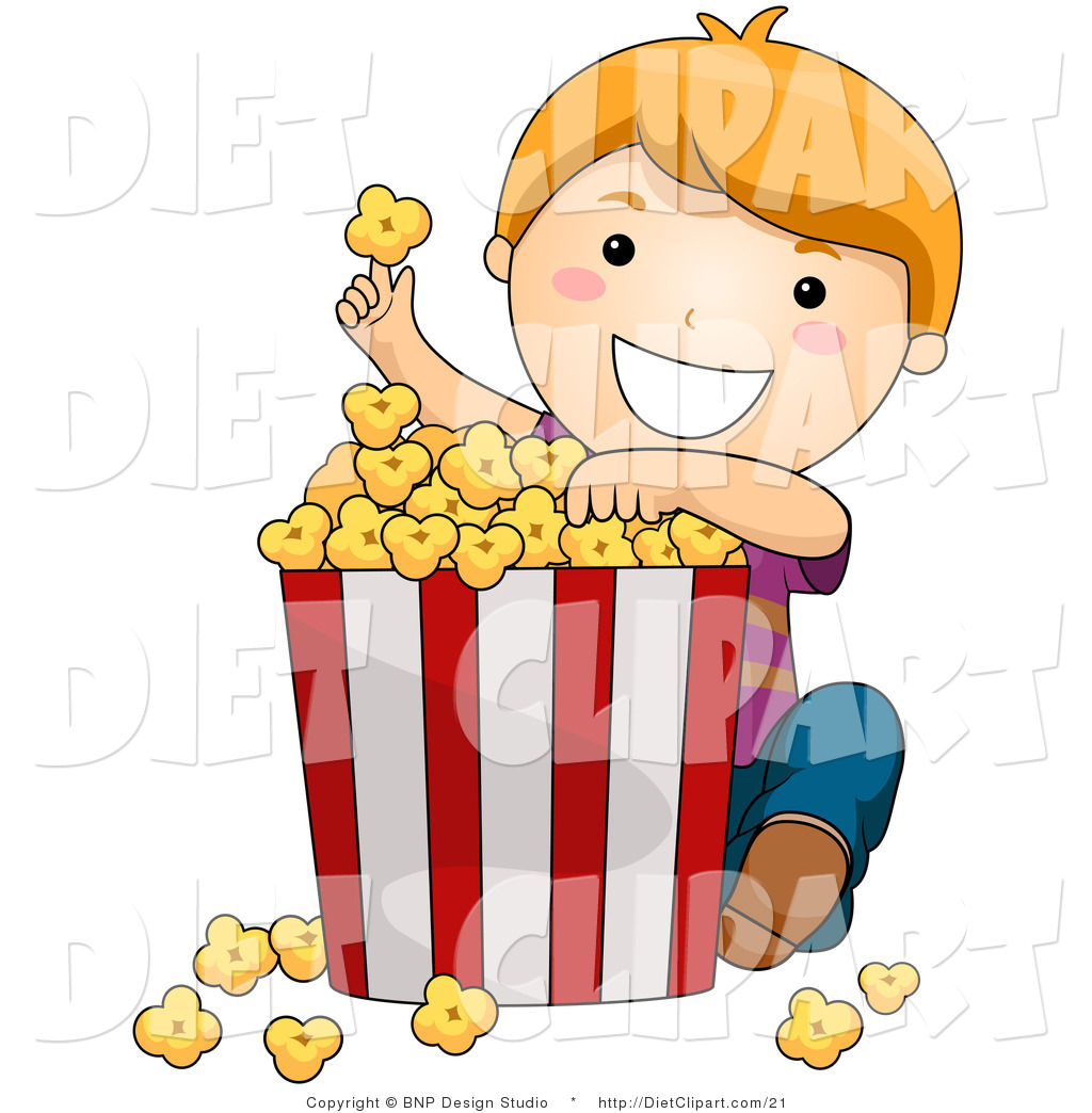     Clip Art Of A Cute Little Boy Eating From A Giant Bucket Of Popcorn