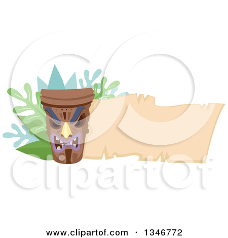 Clipart Of A Tiki Statue With Branches And A Blank Parchment Banner