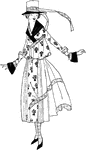 Long Dress With A Floral Print And A Cylinder Hat With A Long Ribbon