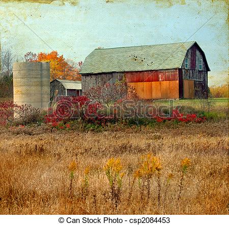 Old Barn In The Autumn On A Grunge Background 