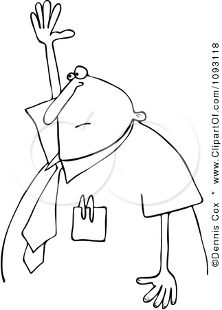 1093118 Clipart Outlined Chubby Businessman Raising His Hand To Ask A    
