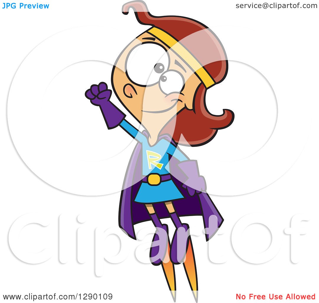Cartoon Clipart Of A Caucasian Super Hero Rocket Girl Flying   Royalty