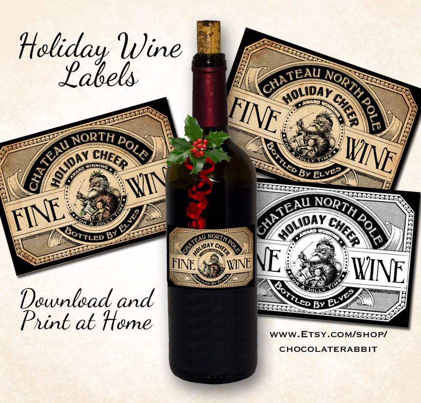 Christmas Holiday Wine Bottle Labels Tags By Chocolaterabbit
