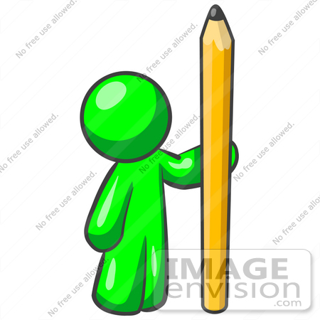Clip Art Graphic Of A Green Guy Character Holding Up A Giant Yellow