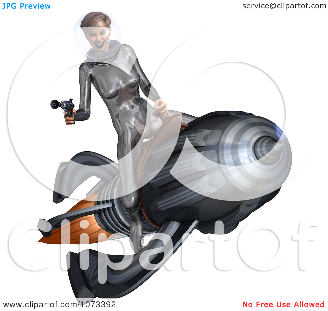 Clipart 3d Futuristic Super Woman Riding A Rocket In A Silver Costume