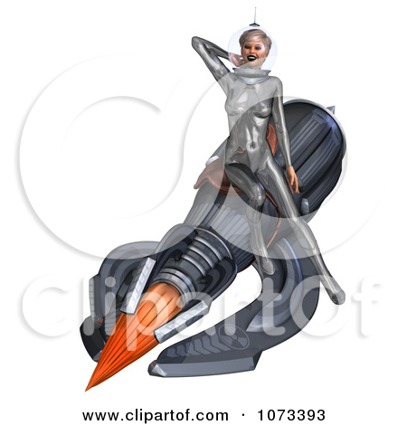 Clipart 3d Futuristic Super Woman Riding A Rocket In A Silver Costume
