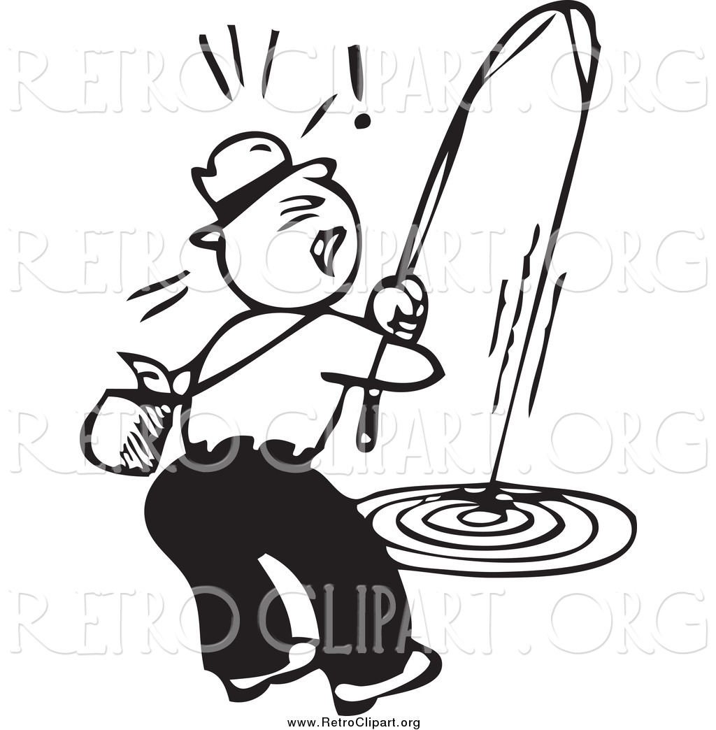 Clipart Of A Retro Black And White Man Trying Reel In A Fish By