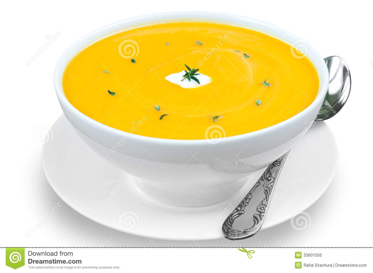 Fresh Pumpkin Soup In White Bowl With Thyme On Top Isolated On White    