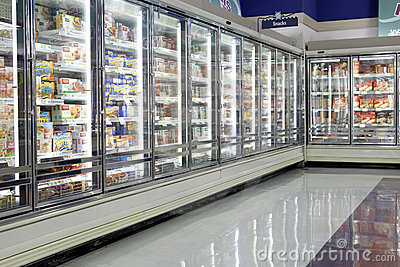 Frozen Food Section At Supermarker  Grocerystore  With No People