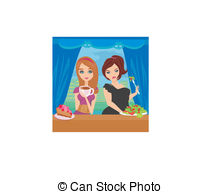 Illustration Of Thick And Thin Girls In Restaurant Clipart Vector