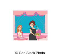 Illustration Of Thick And Thin Girls In Restaurant Vector Clip Art