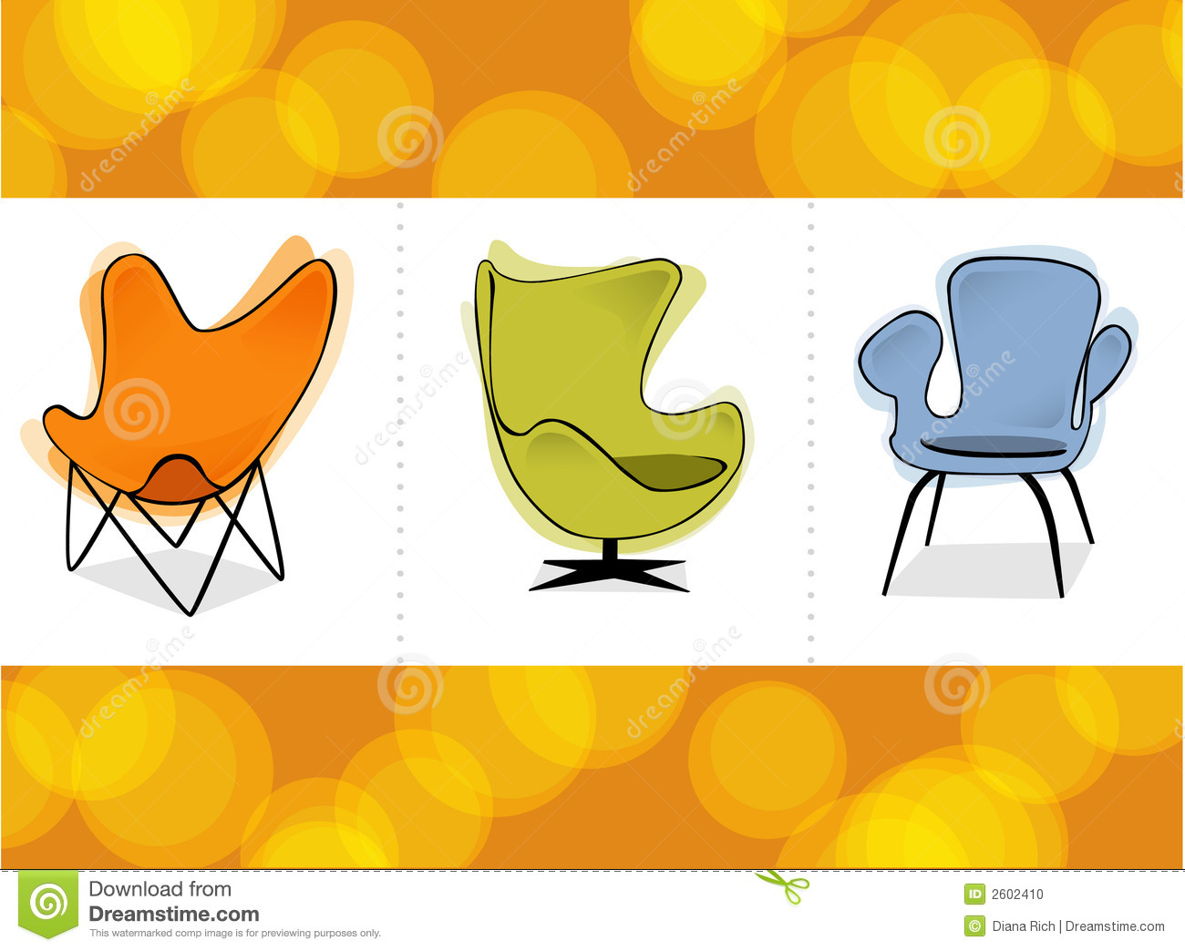 Three Stylized Retro Revival Comfy Chairs On A Colorful Orange    