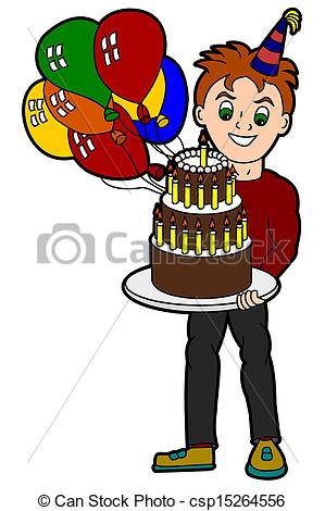 Young Adult Cartoon Man Holding Birthday Cake And Balloons
