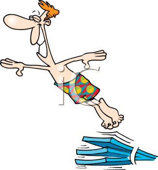      3454 Cartoon Of A Happy Guy Jumping Off A Diving Board Clipart Image