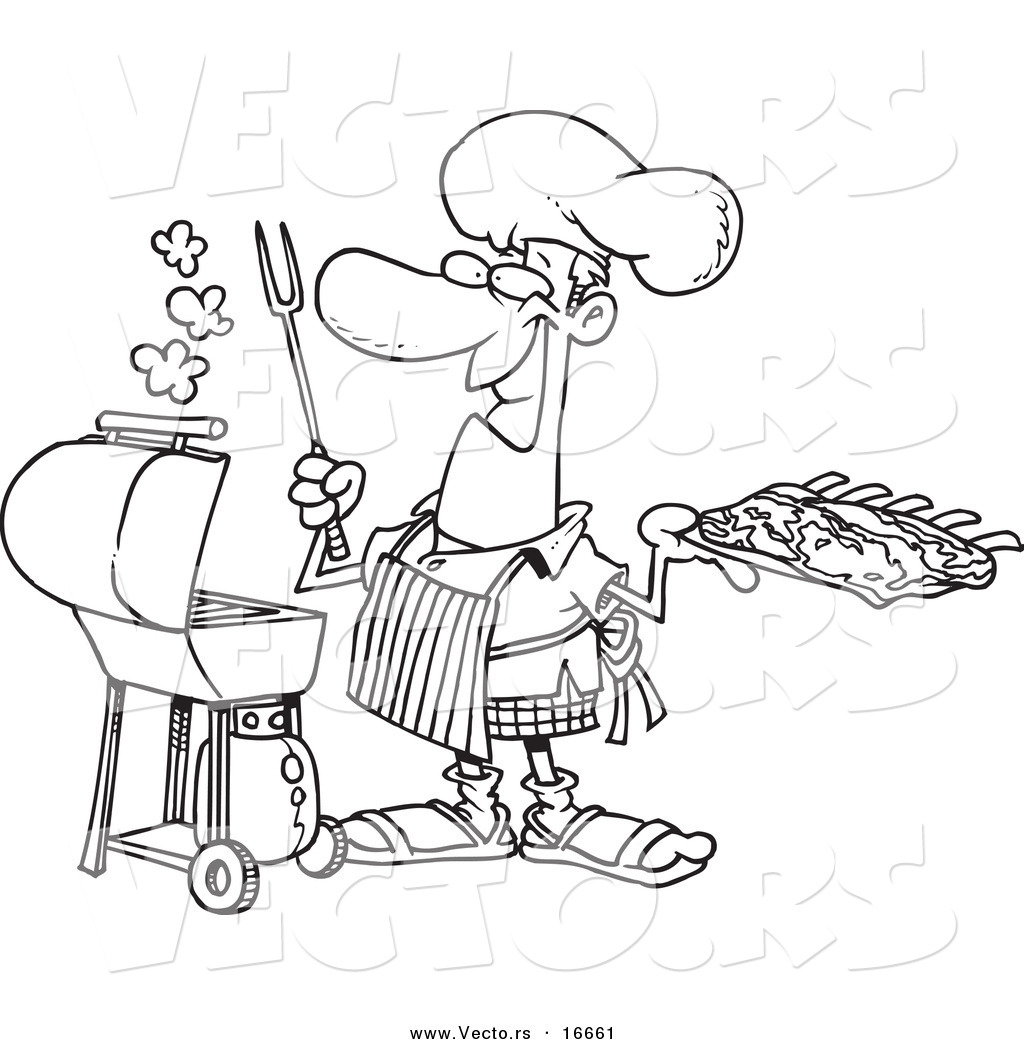 Cartoon Man Holding Ribs By His Bbq   Outlined Coloring Page Drawing