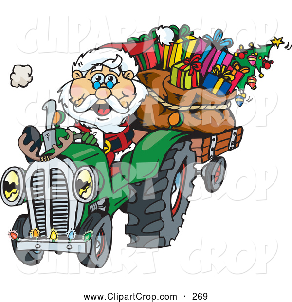 Clip Art Vector Of A Cute Peaceful Santa Driving A Tractor Sled By    