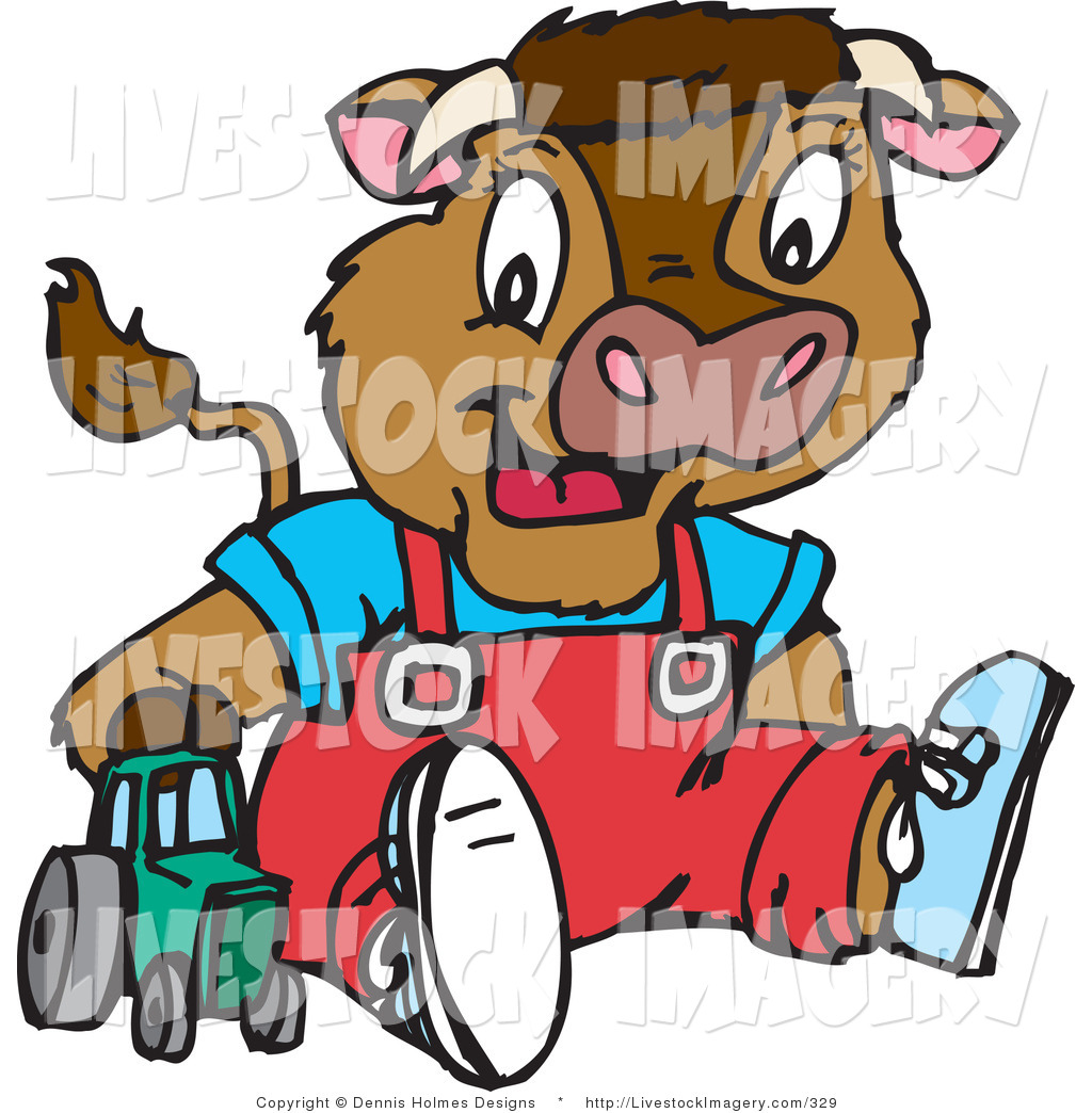 Cute Brown Young Calf With Horns Wearing Clothes And Plying With A