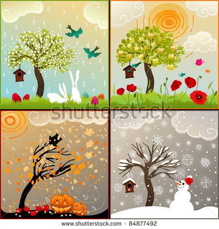 Four Seasons Set With Tree Birdhouse Birds Pumpkin Lanterns And