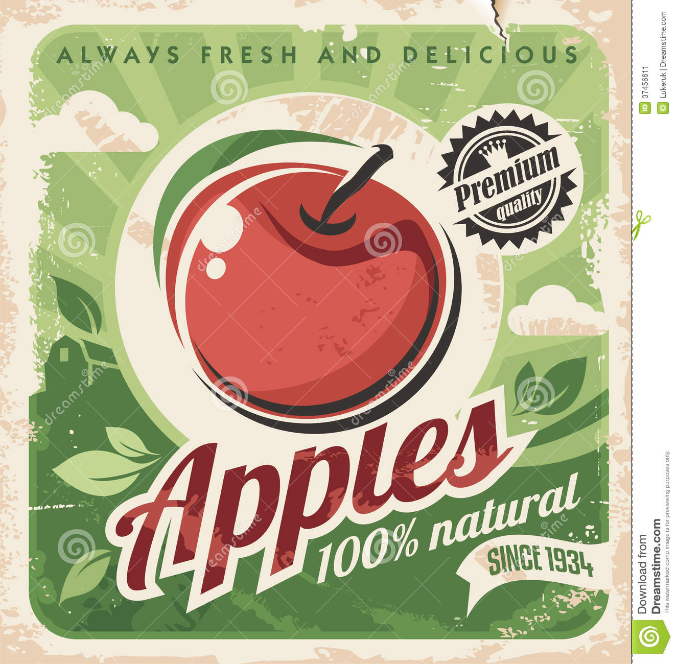     Fresh And Delicious Apples  Vintage Vector Template On Old Paper