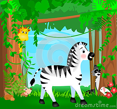 Illustration Scene With Jungle Animals A Zebra Giraffe Raccoon