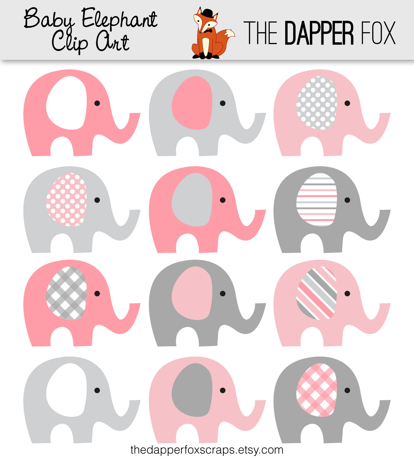 Pink And Grey Elephant Clip Art Instant By Thedapperfoxscraps