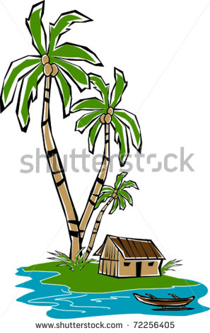 Retro Tropical Island Lagoon Tiki Hut With Palm Trees Vector    