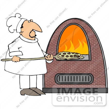 Clip Art Graphic Of A Pizza Chef Inserting A Pie Into A Hot Brick Oven