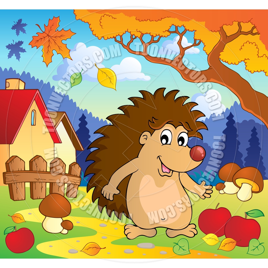 Cartoon Autumn Scene With Hedgehog By Clairev   Toon Vectors Eps
