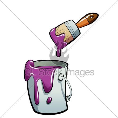 Cartoon Purple Color Paint In A Paint Bucket Painting With Paint Brush