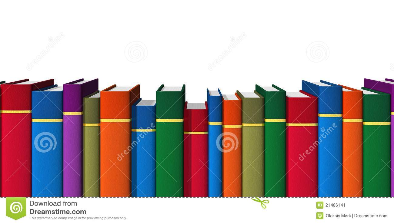 Row Of Color Books On Bookshelf Isolated On White Background