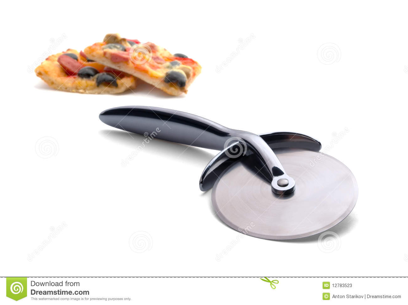 Steel Pizza Cutter And Two Pieces Of Pizza Isolatedon White