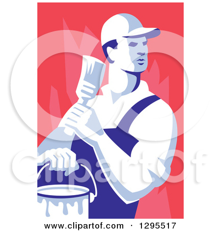     Male House Painter Holding A Brush And Bucket Looking Back Over Red