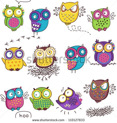 Seamless Pattern With Color Owl In White Background   Stock Vector