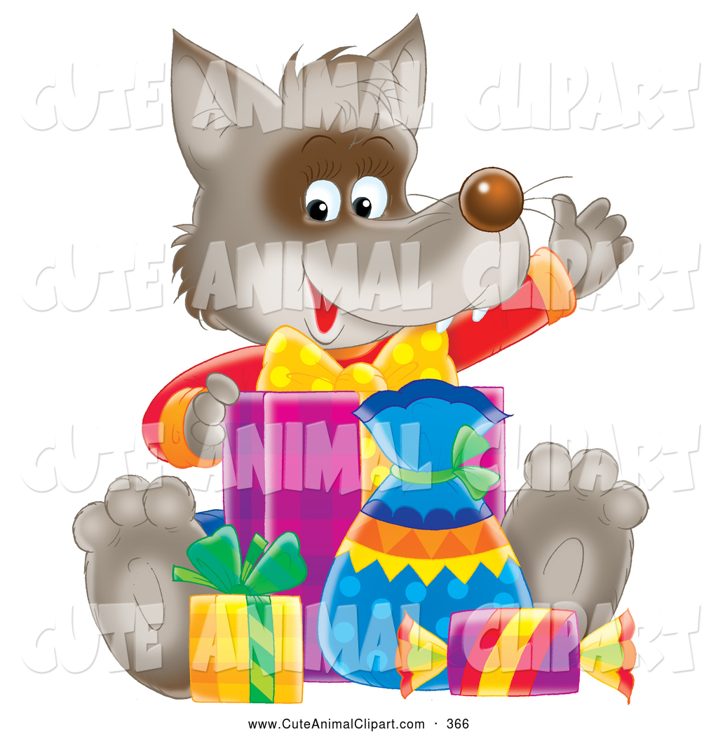   Clip Art Of A Smiling Happy Wolf Waving And Sitting With Birthday    