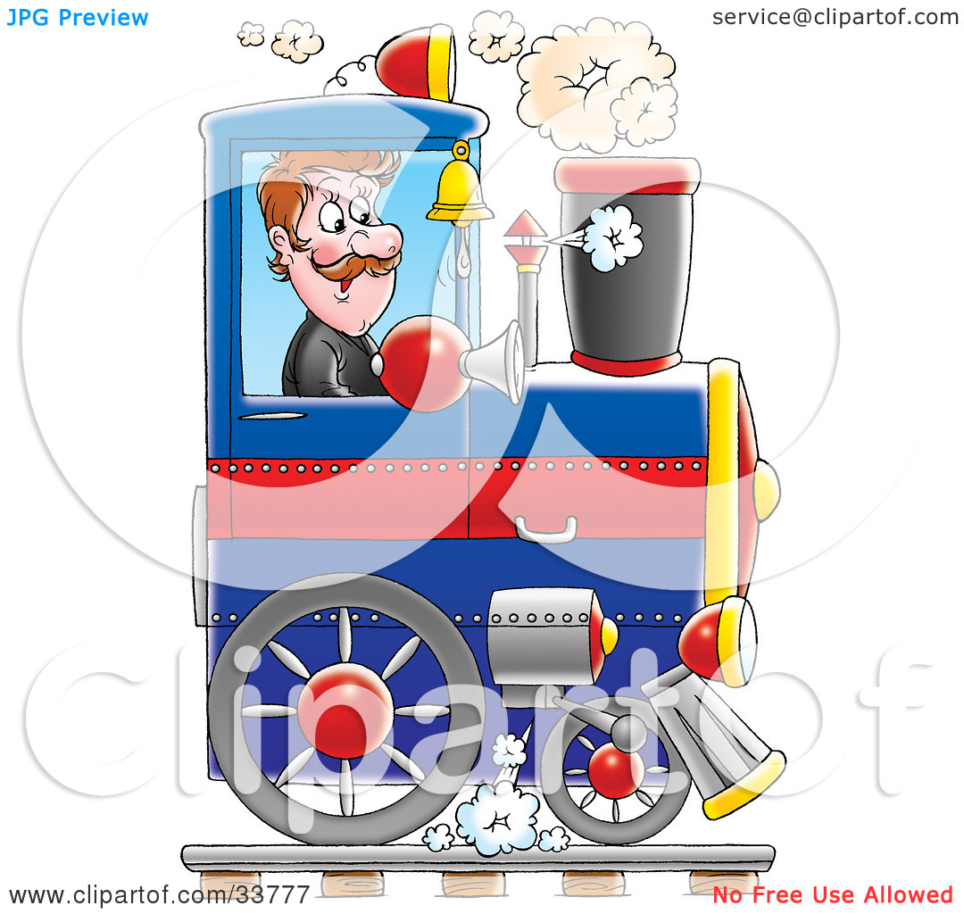 Clipart Illustration Of A Happy Male Train Driver Operating His Blue