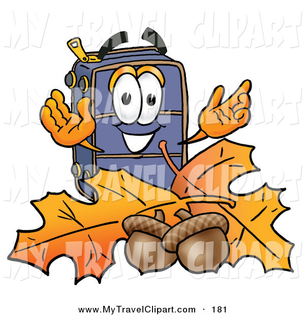Clipart Of A Blue Suitcase Cartoon Character With Autumn Leaves And