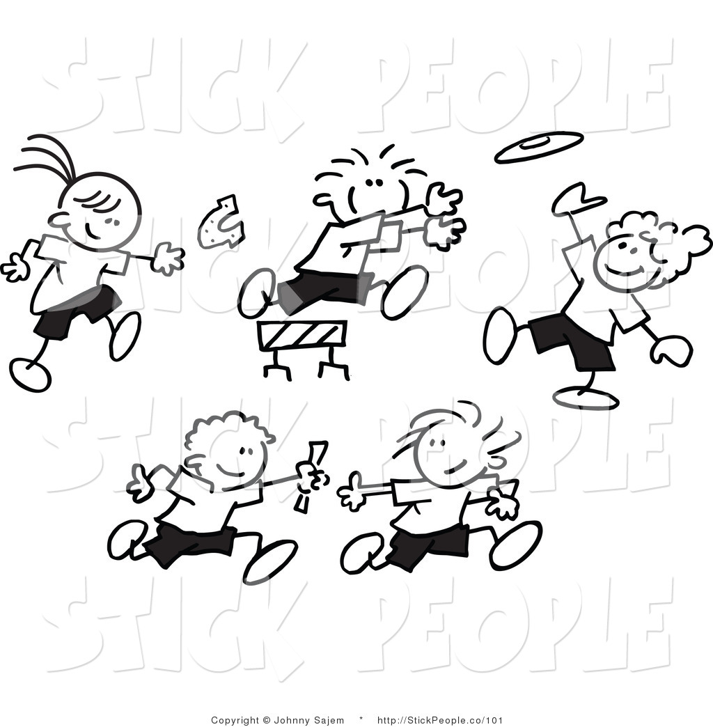 Black And White Stick Figure Children Throwing Horse Shoes Playing