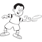 Cartoon Boy Throwing A Flying Disc  Black And White Line Art