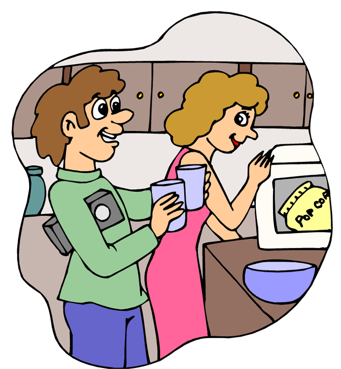 Cartoon Drawing Of Man And Woman Making Microwave Popcorn