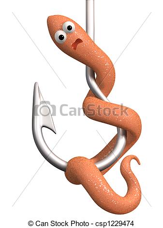 Drawing Of 3d Scared Worm On A Fishing Hook Objects Over White    